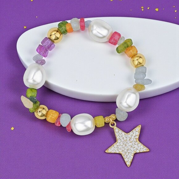 🆕 Y2K Style Colorful Gemstone Bracelet W/ Zirconia Star Charm Stainless Steel - Picture 10 of 13